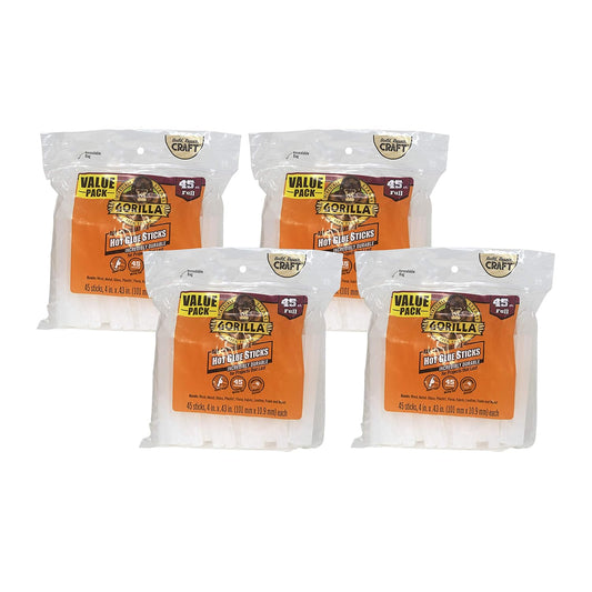 Gorilla Hot Glue Sticks, Clear Glue, Full Size 4" Long x 0.43" Diameter, 45 Count (Pack of 4) - Safe for All Temperatures with Extended Working Time