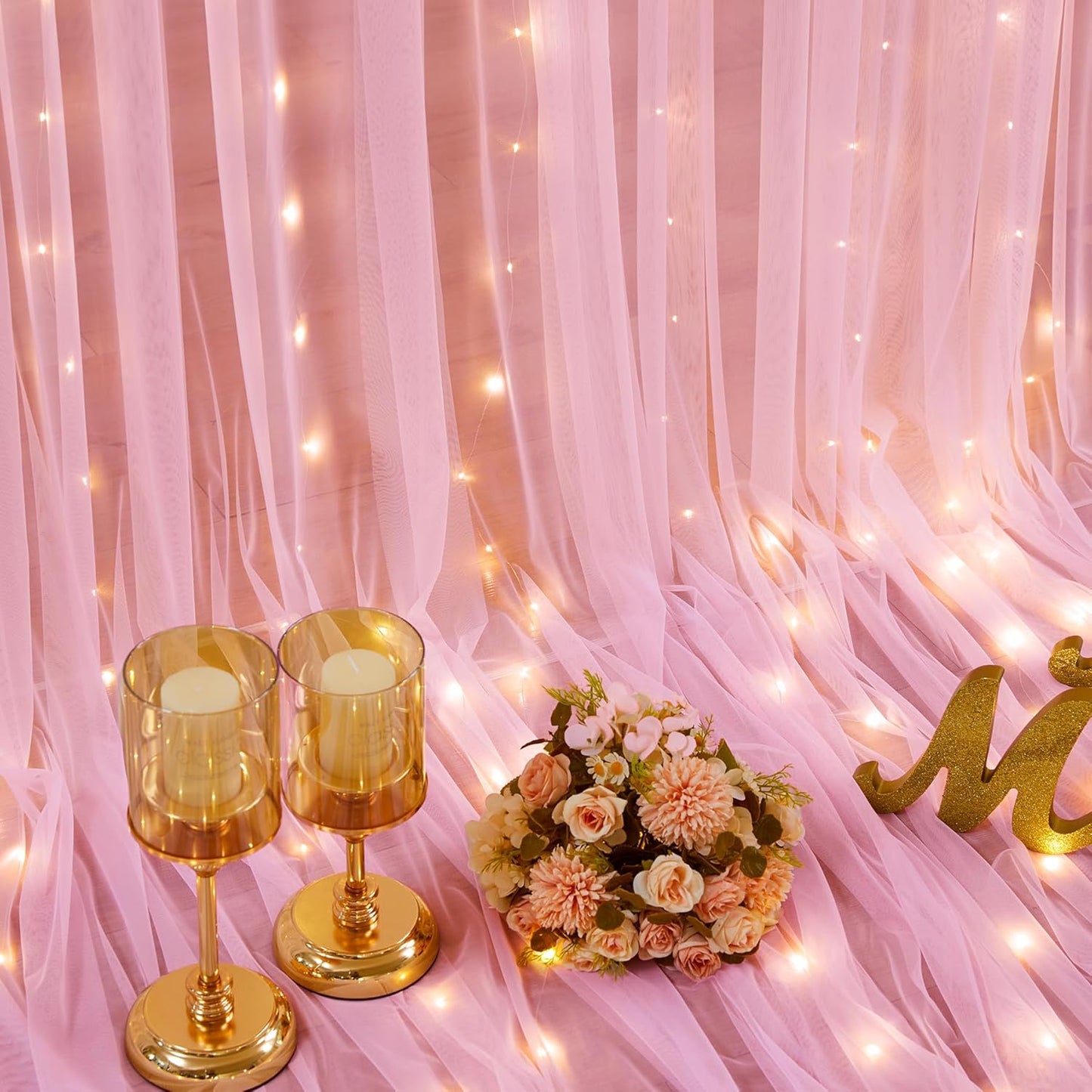 Sheer Backdrop Curtains with Lights String for Weddings Baby Showers, 20x8ft Sheer Tulle Photo Backdrop Curtains for Birthday Party Photography Background Decoration, Pink