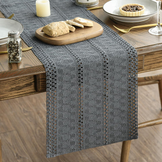 Artoid Mode Dark Grey Farmhouse Woven Rustic Hollow Table Runner, Seasonal Holiday Hollow Kitchen Dining Table Decoration for Home Party Decor 12x108 Inch