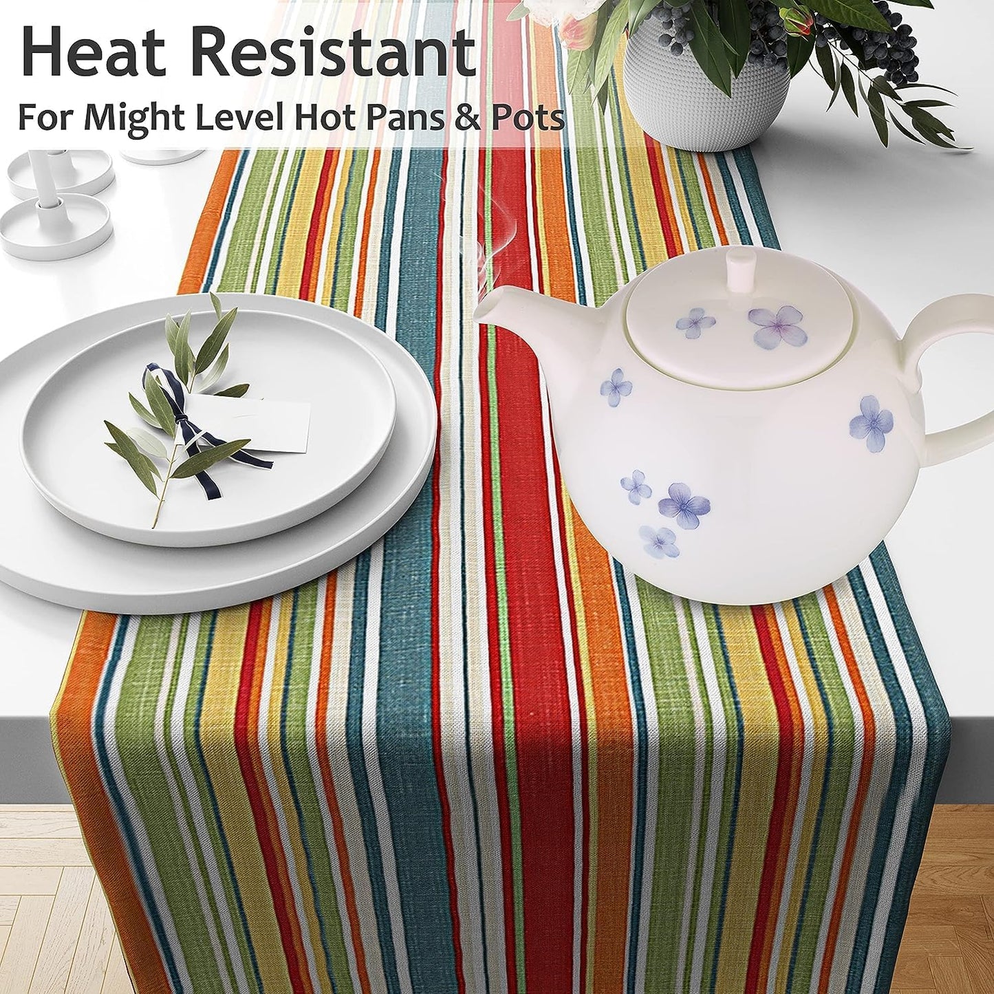 Ruvanti 100% Cotton Table Runner 36 Inches Long, Non-Slip, Stain Resistant, Washable & Reusable Table Runners Perfect for Wedding, Parties, Christmas, Holiday, in-Door use - Multi Stripe