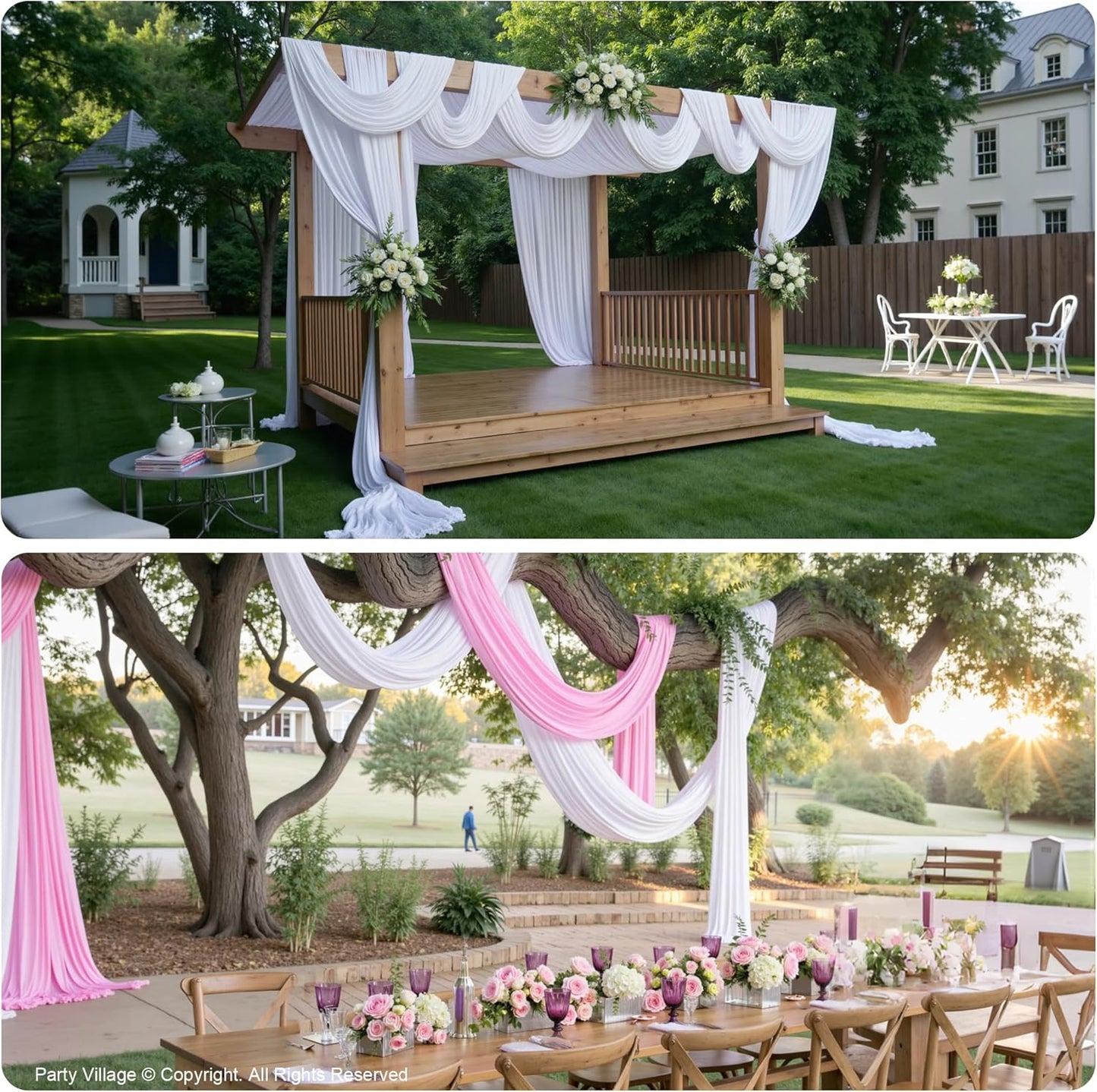 PartyVillage 2 Panels 5ftx30ft White Ceiling Drapes for Wedding Parties – 30 FT Extra Long Thick Polyester Wrinkle-Free Drapery Tent Decor Decorations for Birthday Party Ceremony Stage Swag