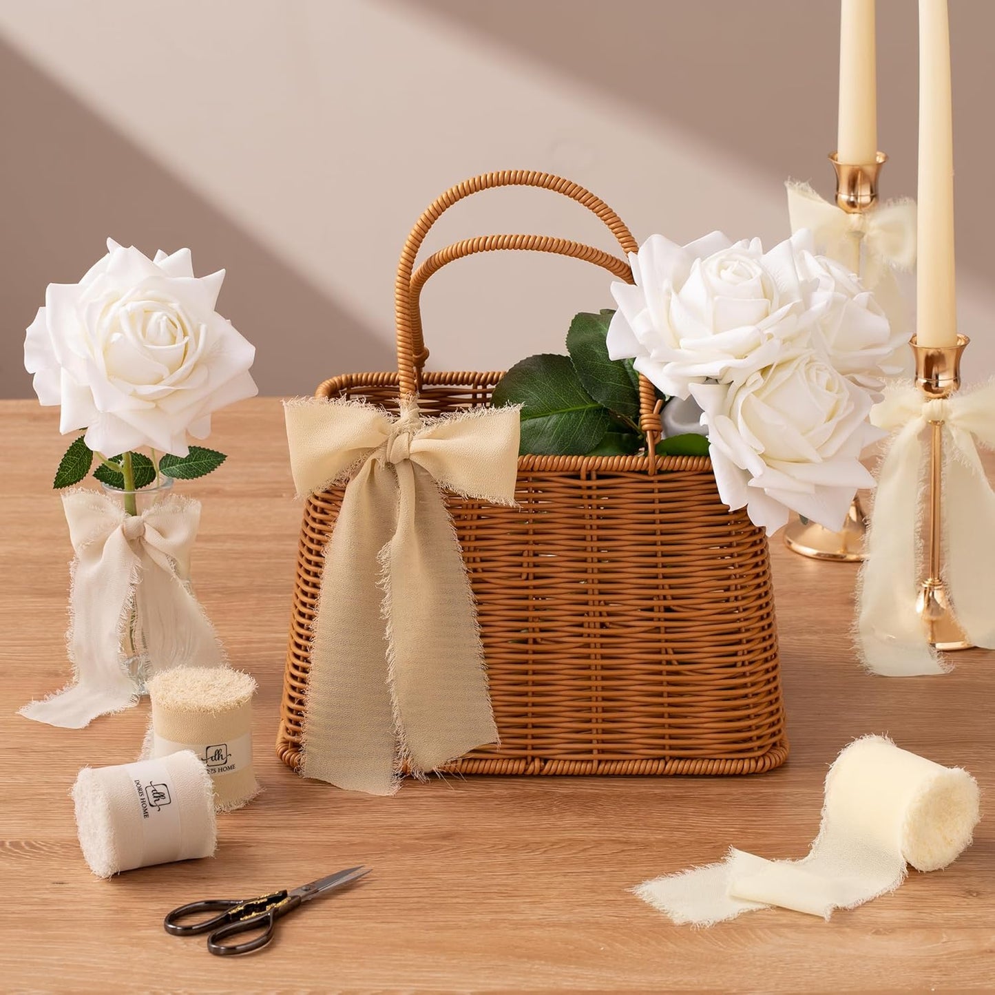 DORIS HOME Sand Chiffon Ribbon for Flower Bouquet, 2" x21Yd Fabric Ribbon for Gift Wrapping, Handmade Frayed Ribbon for Wedding, Chiffon Silk Ribbon for Christmas Decorations