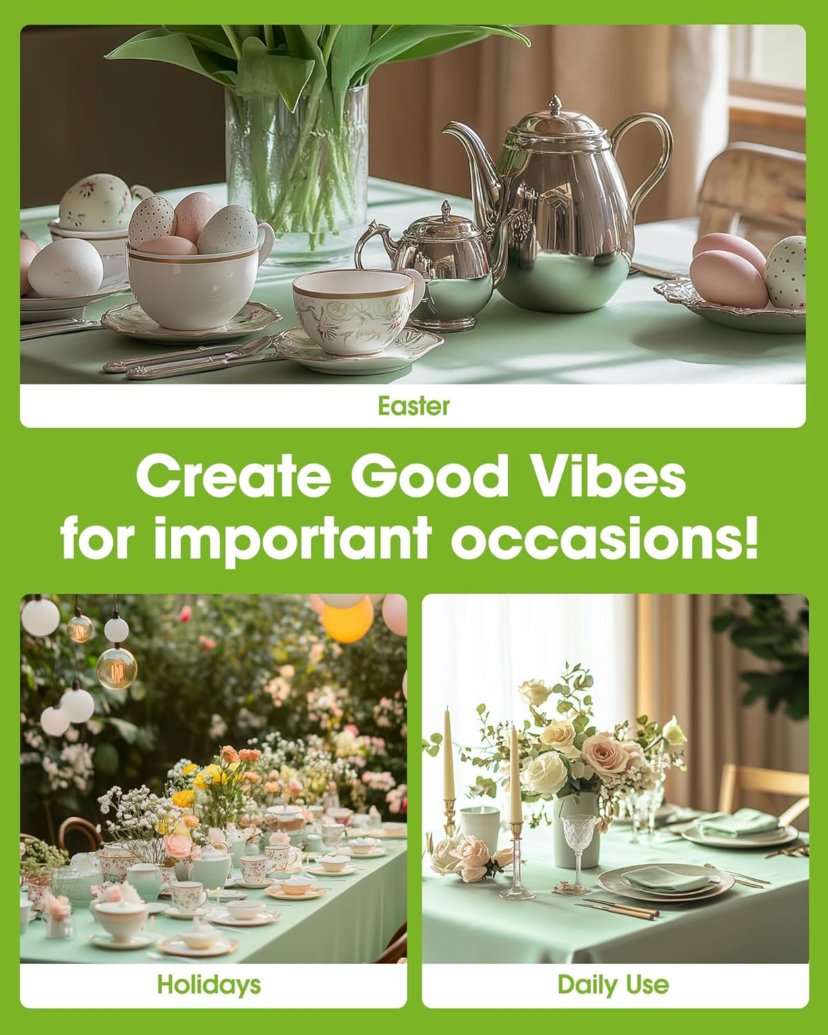 Pureegg Plastic Table Cloth Disposable 10 Pack, 54 x 108 Inch Table Cloths, Easter Party, Decorative Tablecloths, Rectangle, Light, Pastel Plastic Cover, Leakproof & Sturdy, Sage Green