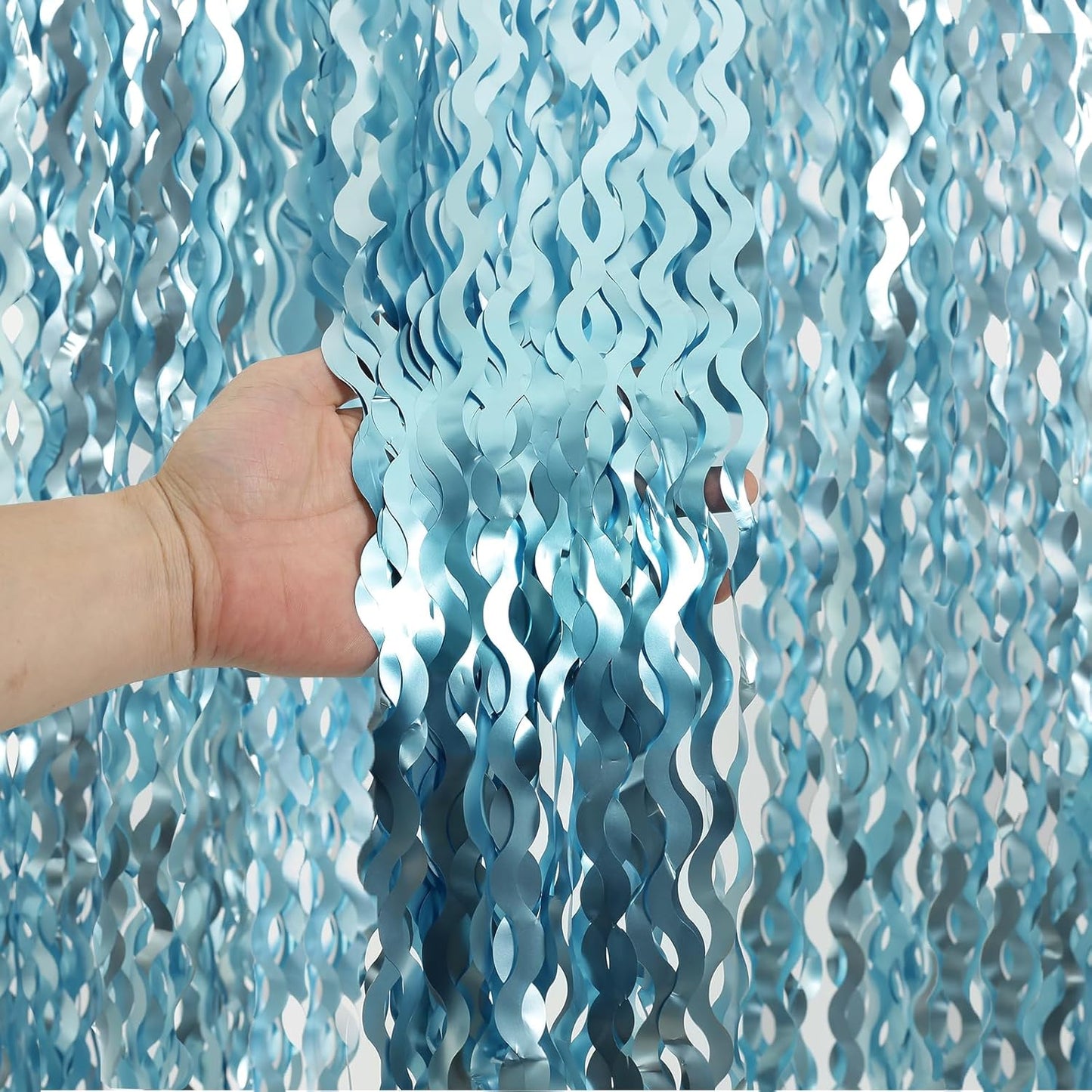 4 Pack Wavy Blue Foil Fringe Curtain 3.3x6.6 Feet | Blue Streamers Tinsel Backdrop for Under The Sea Party Decorations | Ocean Backdrop | Mermaid Birthday Decorations