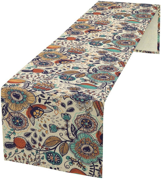 Boho Floral Table Runner,Vintage Flowers Tropical Plants Country Style Table Cloth Kitchen Dining Table Home Party Decoration 13x60 Inch
