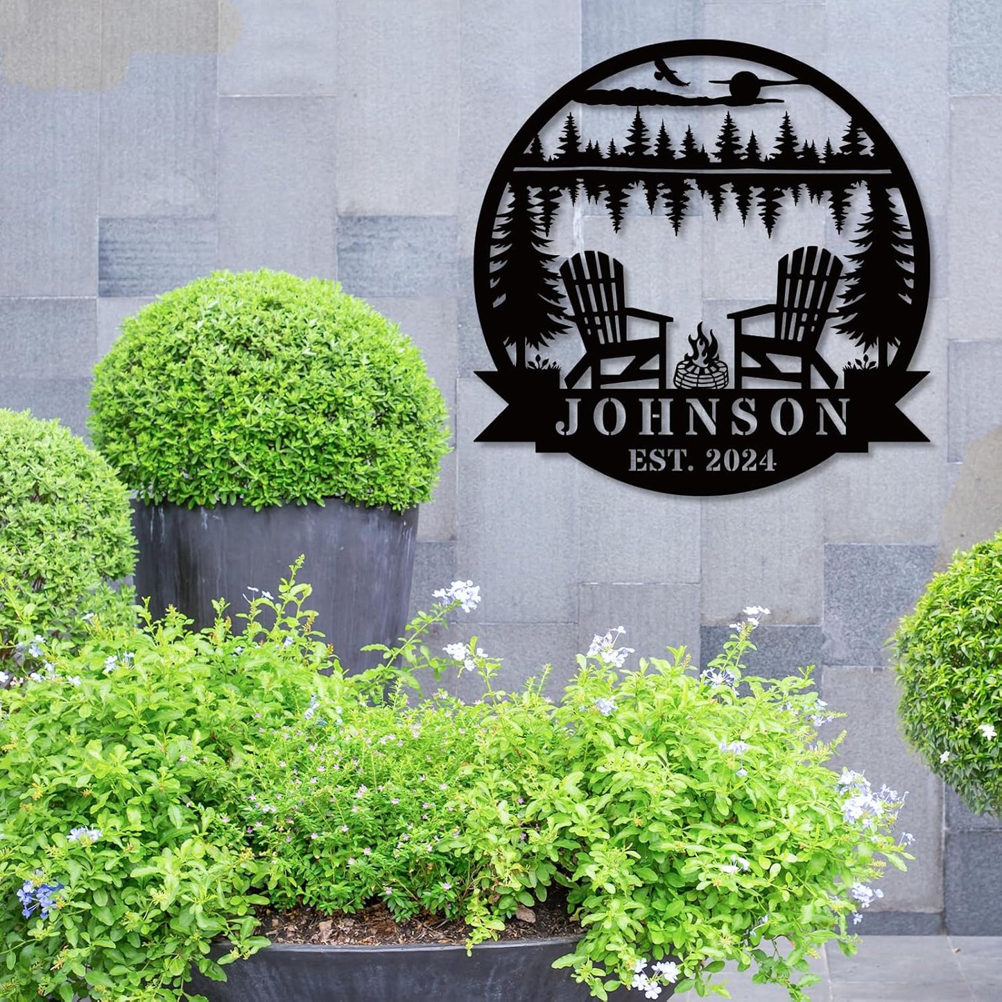 Custom Campfire Metal Name Sign, Campsite Custom Metal Family Name Sign, Campsite Monogram Forest, Personalized Camping Gifts Fire Pit Camper Lover Gift