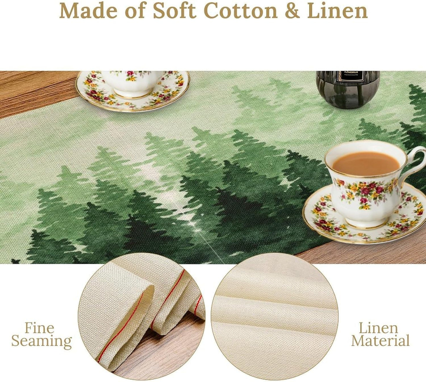 Foggy Forest Table Runner,Watercolor Wreen Misty Forest Landscape Table Runner for Kitchen Dining Table Home Party Decoration 13x120 Inch