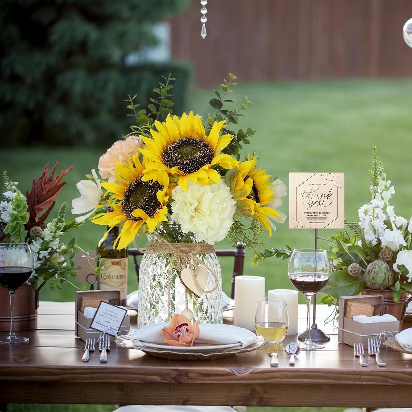 Artificial Sunflower Bouquets - Silk Fake Flowers with Vase, Centerpieces for Dining Room and Coffee Table Decor