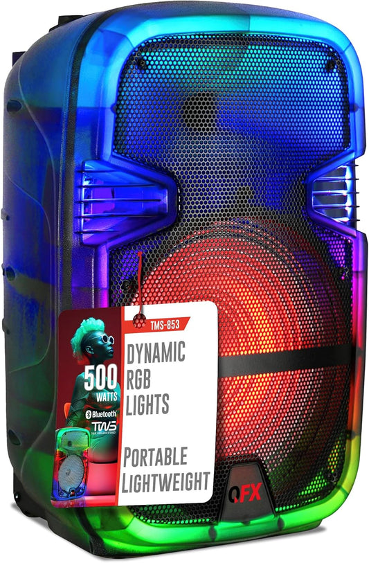 Crystal Clear Sound, Bright Party Lights, Portable & Easy to Use | 8" Rechargeable Bluetooth PA Karaoke Loud Party Speaker, 5-Hour Playtime | TWS, USB, TF, AUX, FM Radio | QFX | TMS-853