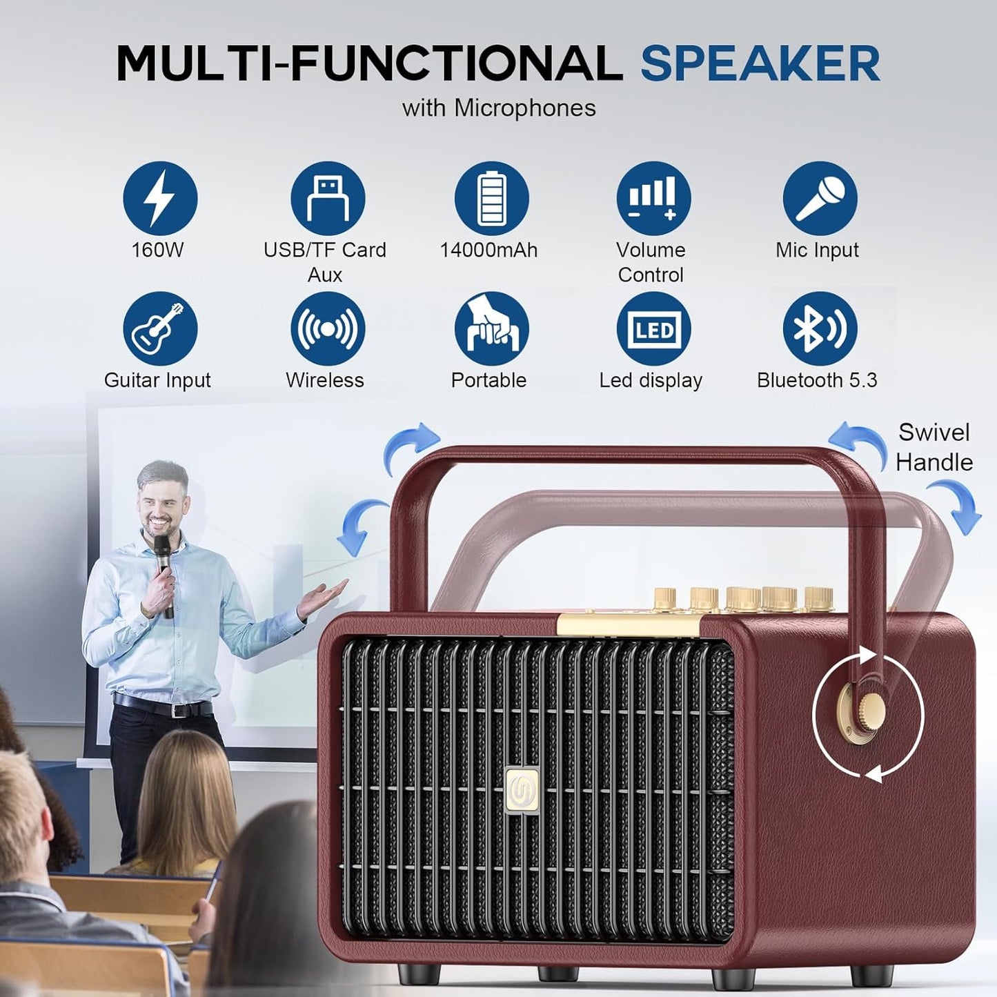 320W Peak Power Karaoke Machine with Rich Deep Bass for Adults Portable Bluetooth Singing PA Speaker System Bass/Treble Adjustment with 2 UHF Wireless Microphones for Home Party Wedding Outdoor