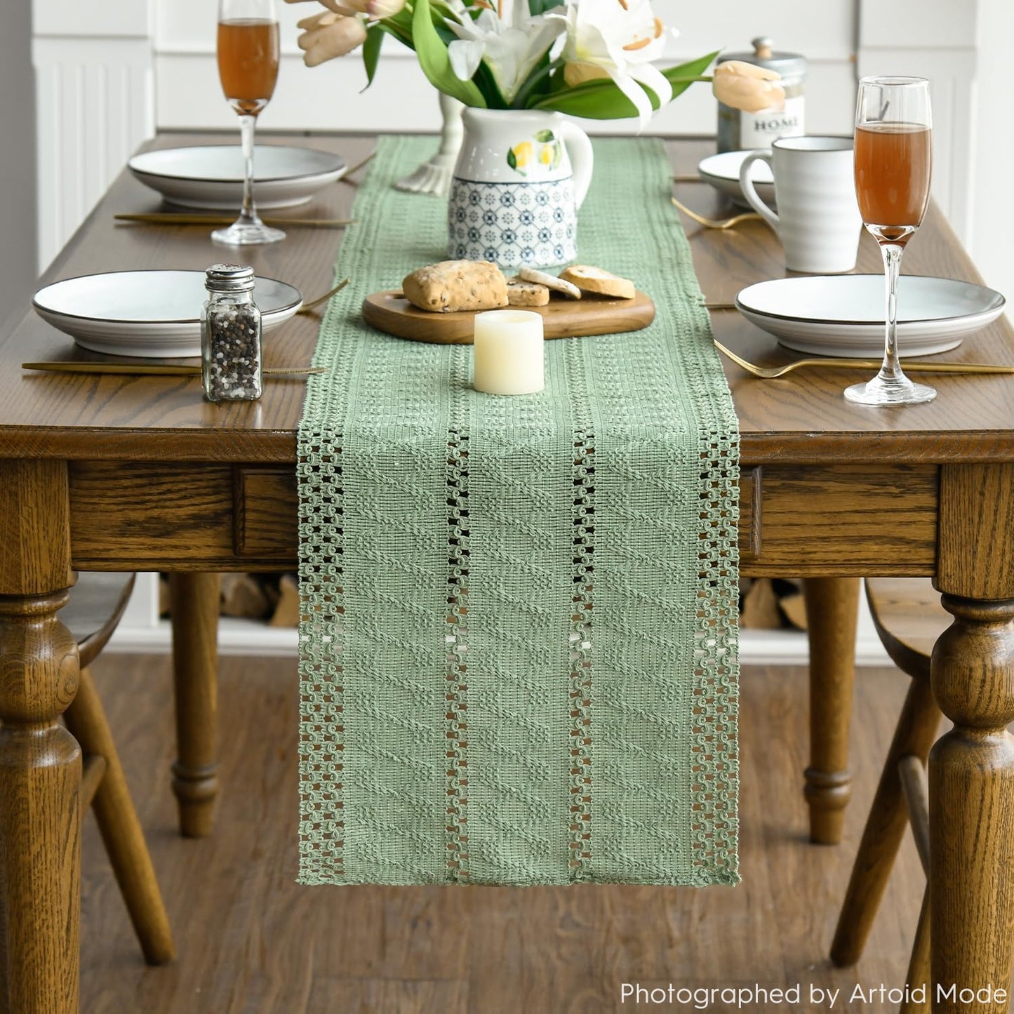 Artoid Mode Light Green Farmhouse Woven Rustic Hollow Table Runner, Seasonal Holiday Hollow Kitchen Dining Table Decoration for Home Party Decor 12x60 Inch