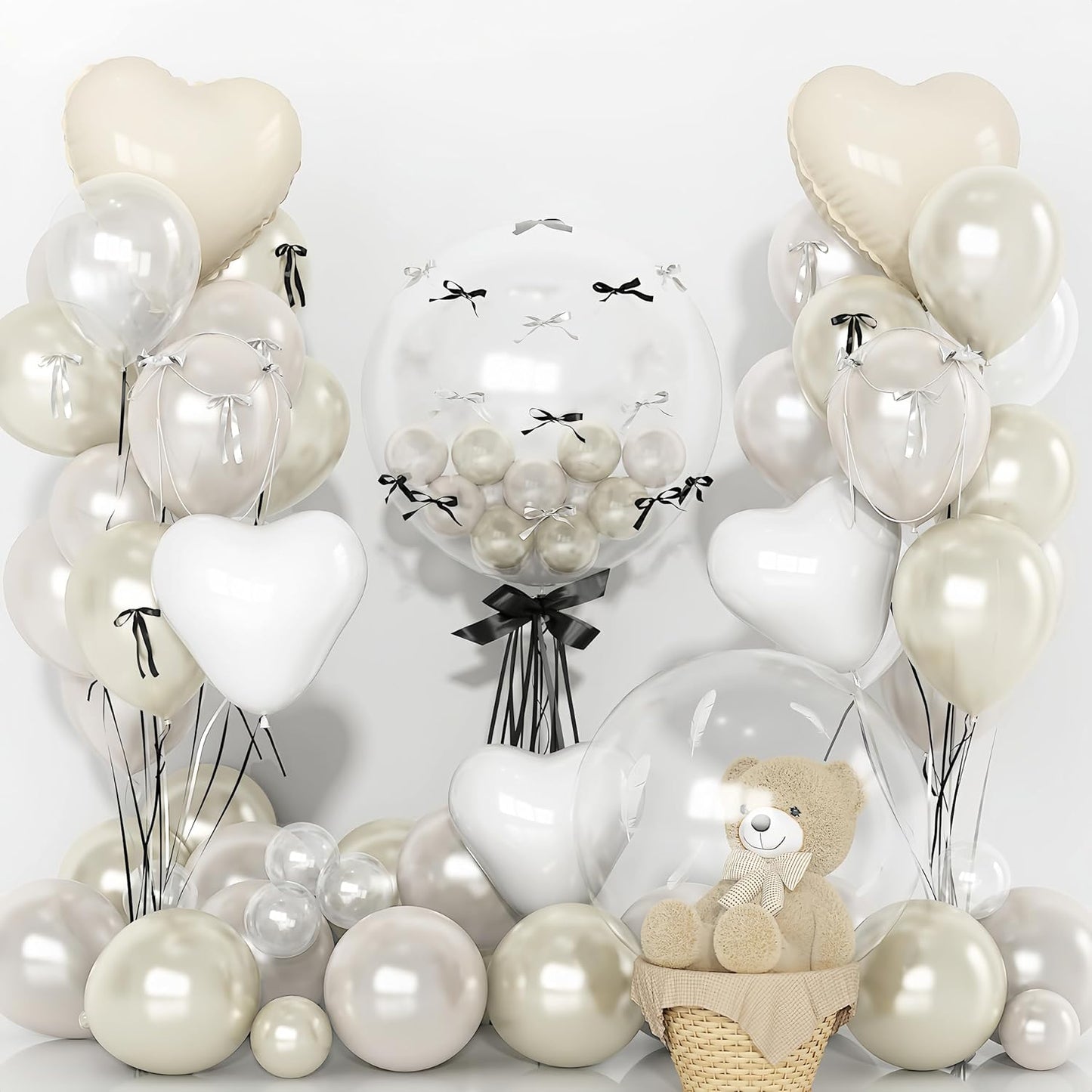 Pearl Balloons Bobo Heart Balloons, 22 18 12 In Pearl White Sand Cream Clear Balloon Bubbles Birthday Decorations for Bride Women, Pearlescent Ivory Beige Heart Shape Foil Balloon for Wedding Baptism
