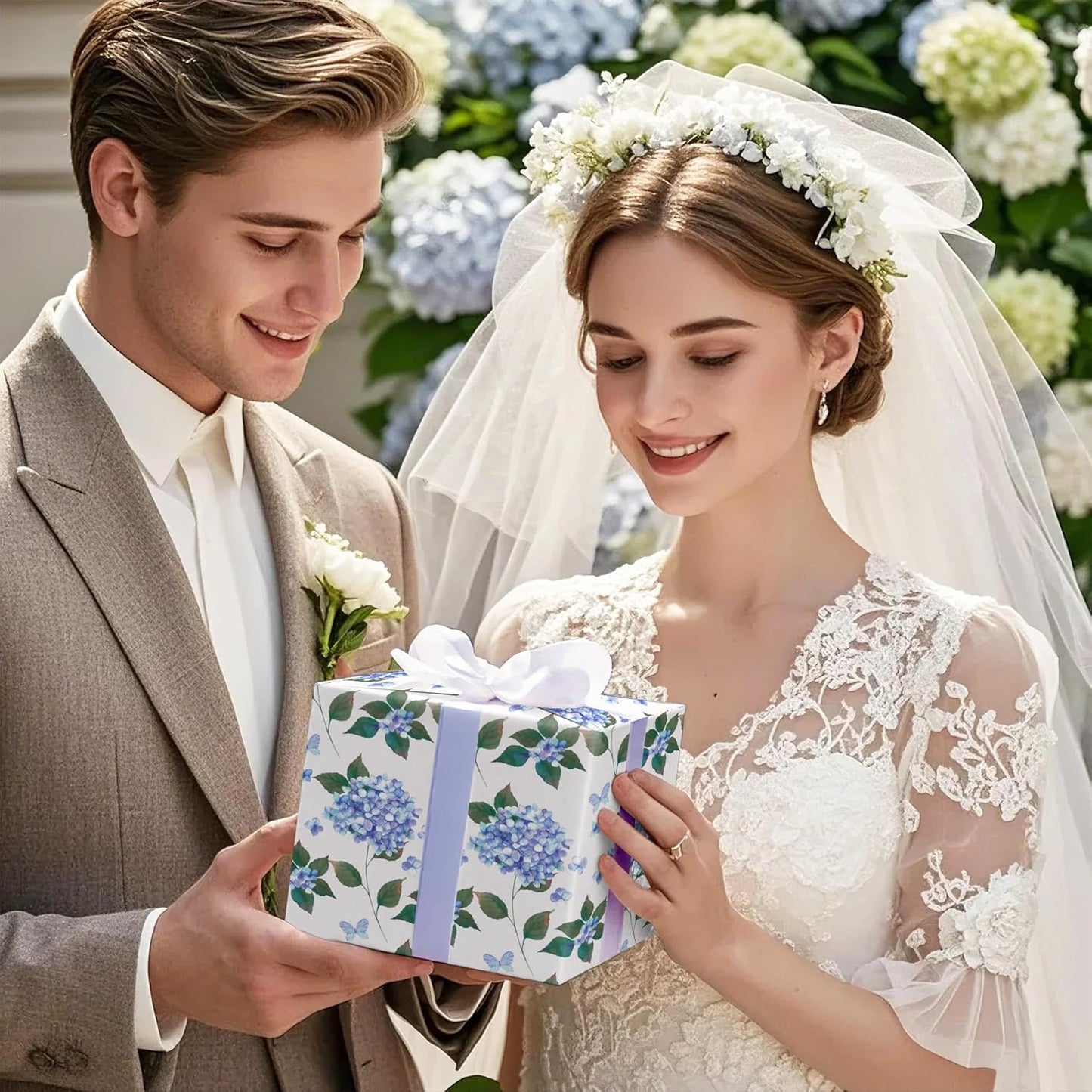 WRAPAHOLIC Kraft Hydrangea Floral Wrapping Paper Roll - Mini Roll - 17 Inch x 16.5 Feet - Hydrangea Flower Wrapping Paper for Wedding, Birthday, Bridal Shower, Tea Party