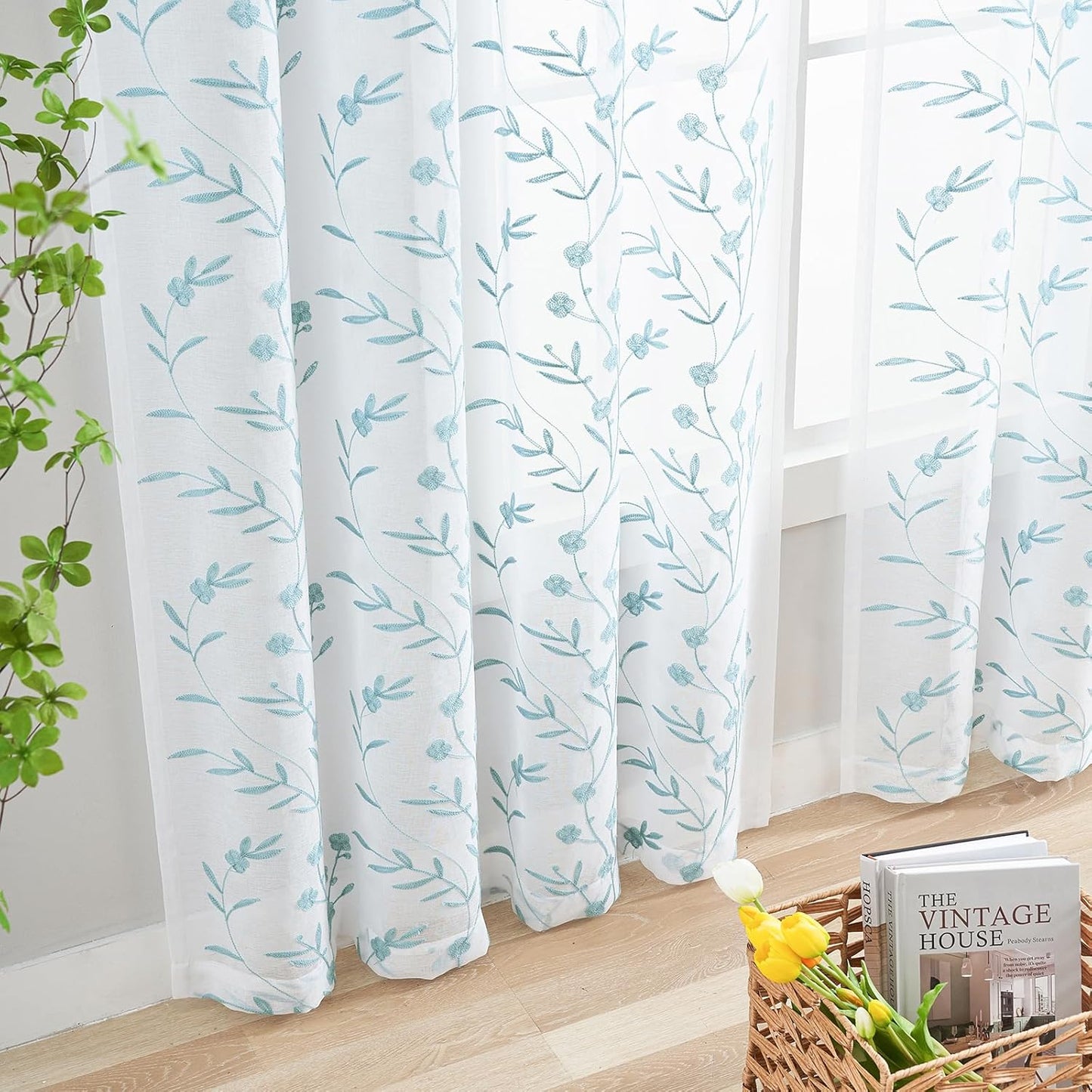 Sheer Curtains Floral Embroidery White-Blue 84 Inch Long Rod Pocket Lace Drapes for Living room, Bedroom, 2 Panels, 52"x84", Semi Voile Pattern Outdoor Window Treatment Sets for Yard, Patio, Parlor.