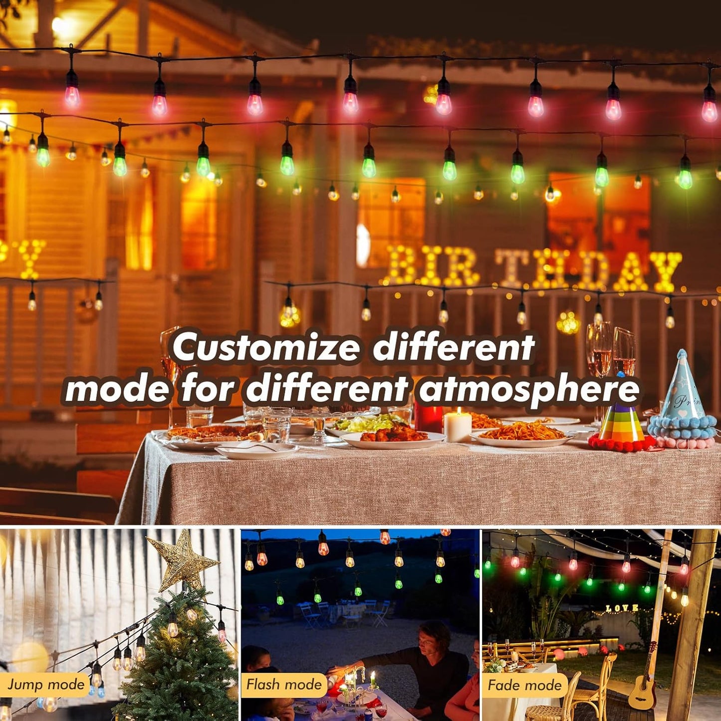 96FT Solar Outdoor String Lights, 30 Shatterproof Edison LED Bulbs, Dimmable RGB Color Changing Patio Lights Waterproof with Remote. for Patio Decor, Garden, Yard,Commercial Use.