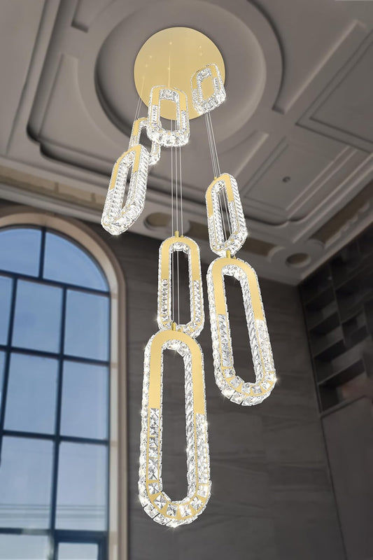 8 Rings Crystal Chandelier,H118 Modern Gold Pendant Light Luxury Foyer Lighting Fixture High Ceiling Chandelier for Entryway,Staircase,Living Room,Villa LED Dimmable 2700K-6000K