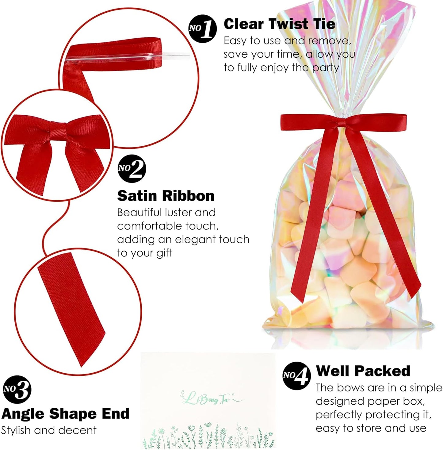 50 PCs Red Bow 5 Inch Long Tail Bows for Gift Wrapping, Easter Bow Party Decorations, Twist Tie Bows, Satin Bows for Crafts, Premade Bows for Presents, Treat Bags, Bottles, Cakes