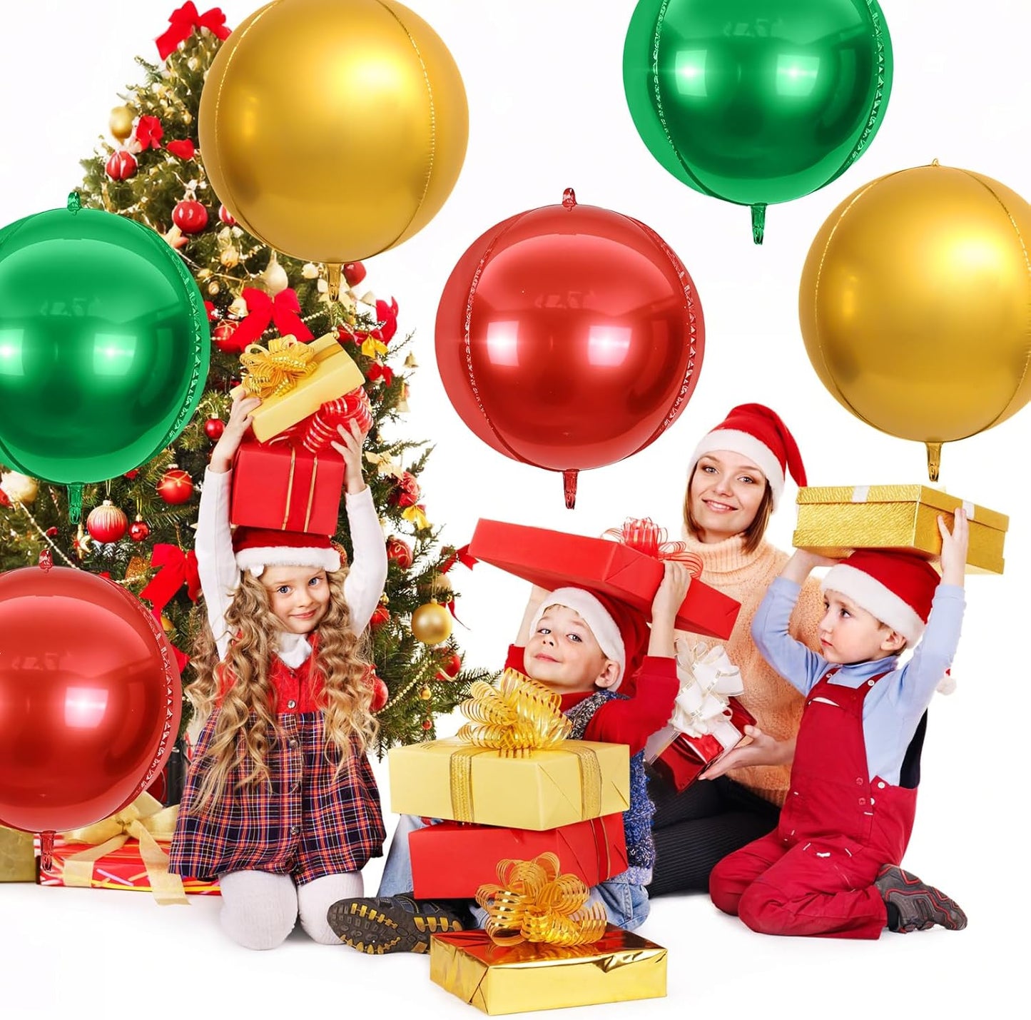 6Pcs Red Green Gold Round Foil Balloons,Giant 4D Round Ball Balloon,22 Inch Balloons for Christmas Birthday Wedding Baby Shower Party Decoration