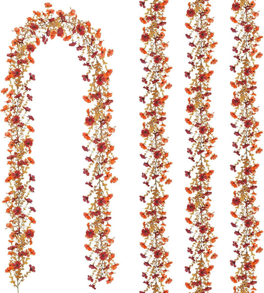 4 Pack Artificial Fall Flowers Garland, 6 FT Fall Decorations Fake Mums Floral Vines UV Resistant Faux Hanging Flower Ivy Garland for Home Party Table Wall Mantel Decor (Orange + Dark Red)