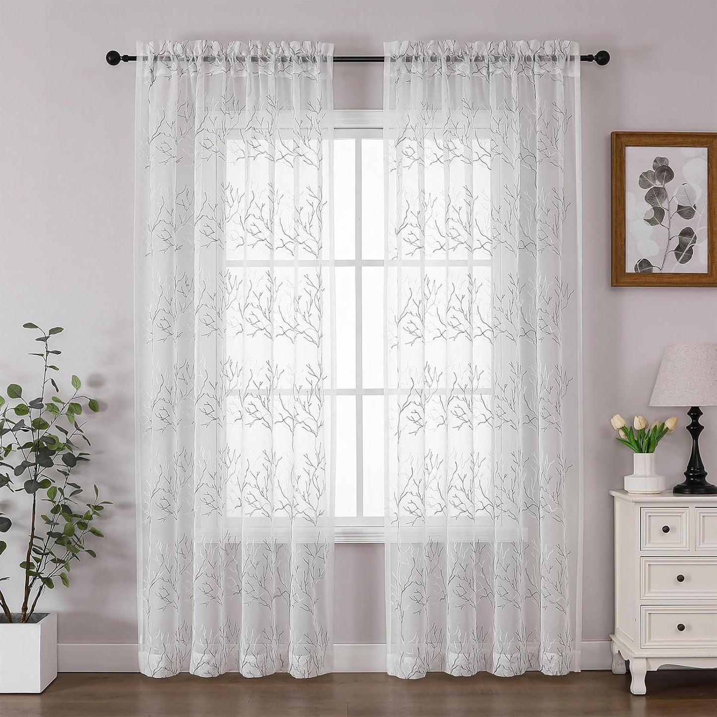 VISIONTEX Sheer Curtains 84 inch Length 2 Panels Set, Decorative Grey Coral Embroidery, Rod Pocket Embroidered Window Drapes for Living Room and Bedroom, 54" x 84"
