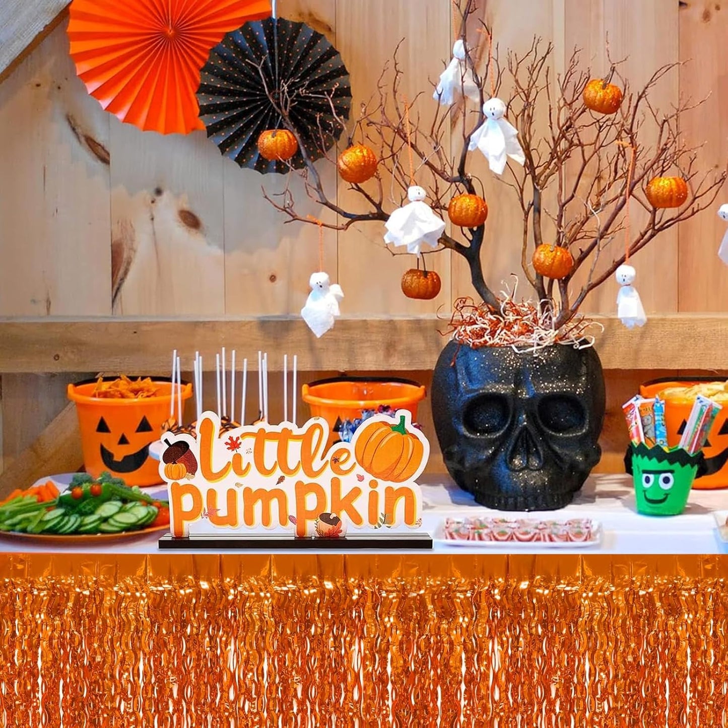 4P Wavy Metallic Tinsel Foil Fringe Table Skirts for Rectangle Tables Backdrop Garland Curtains for Parade Floats Wedding Birthday Parties Decoration Graduation 2025 Christmas (Orange)