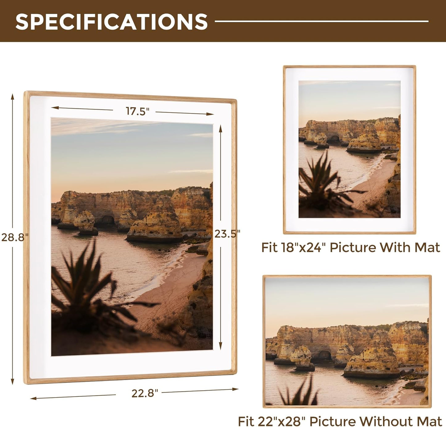 22x28 Frame with Mat to 18x24 Picture Frames USA-Sourced Natural Solid Oak Wood Handcrafted Rounded Corner Display with Real Glass Family Picture, Wedding Photo