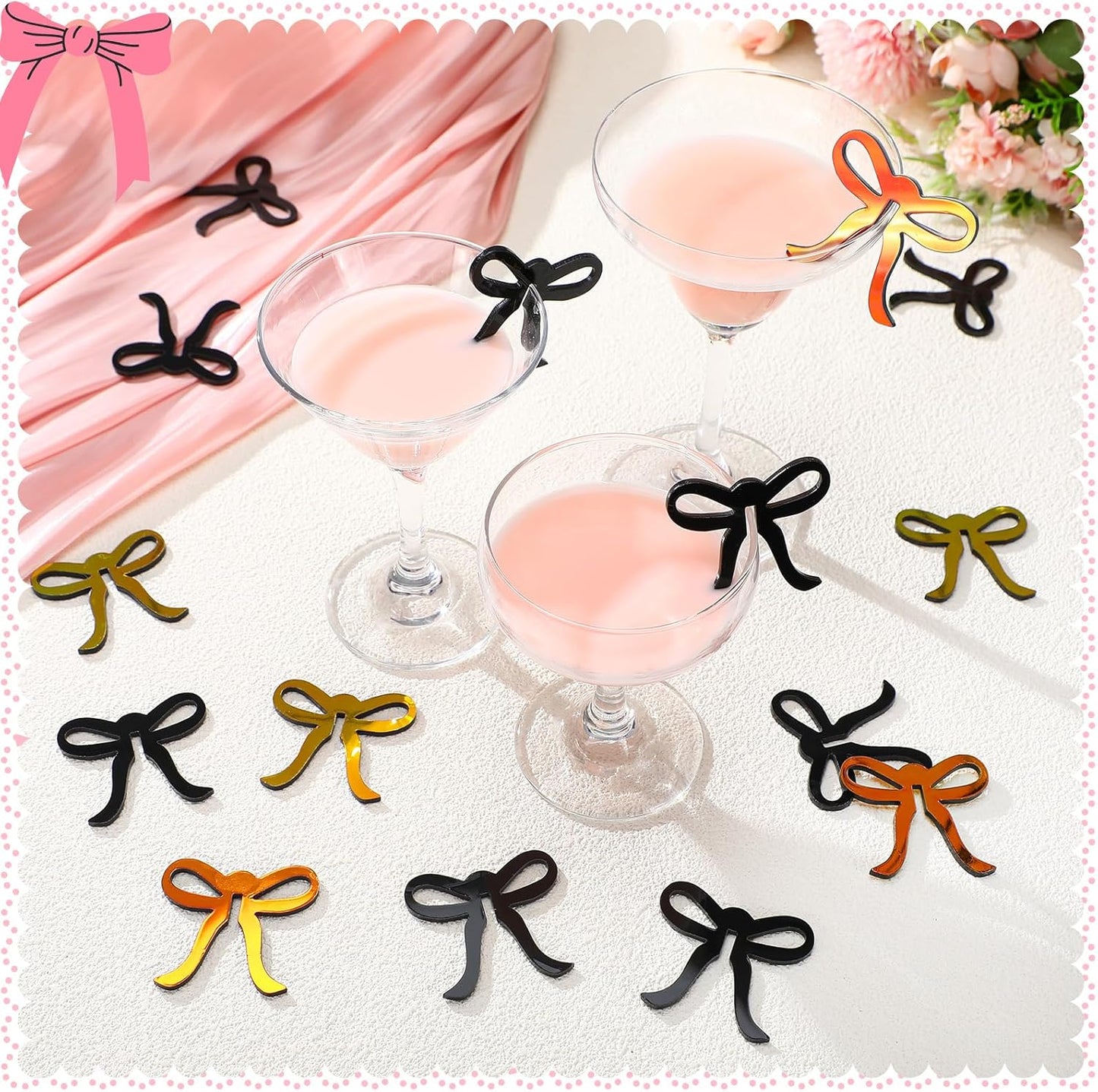 36 Pcs Bow Drink Markers Acrylic Drink Tags Bowknot Wine Glass Charms for Bachelorette Coquette Birthday Cocktail Wedding Decoration Bridal Shower Party Favors