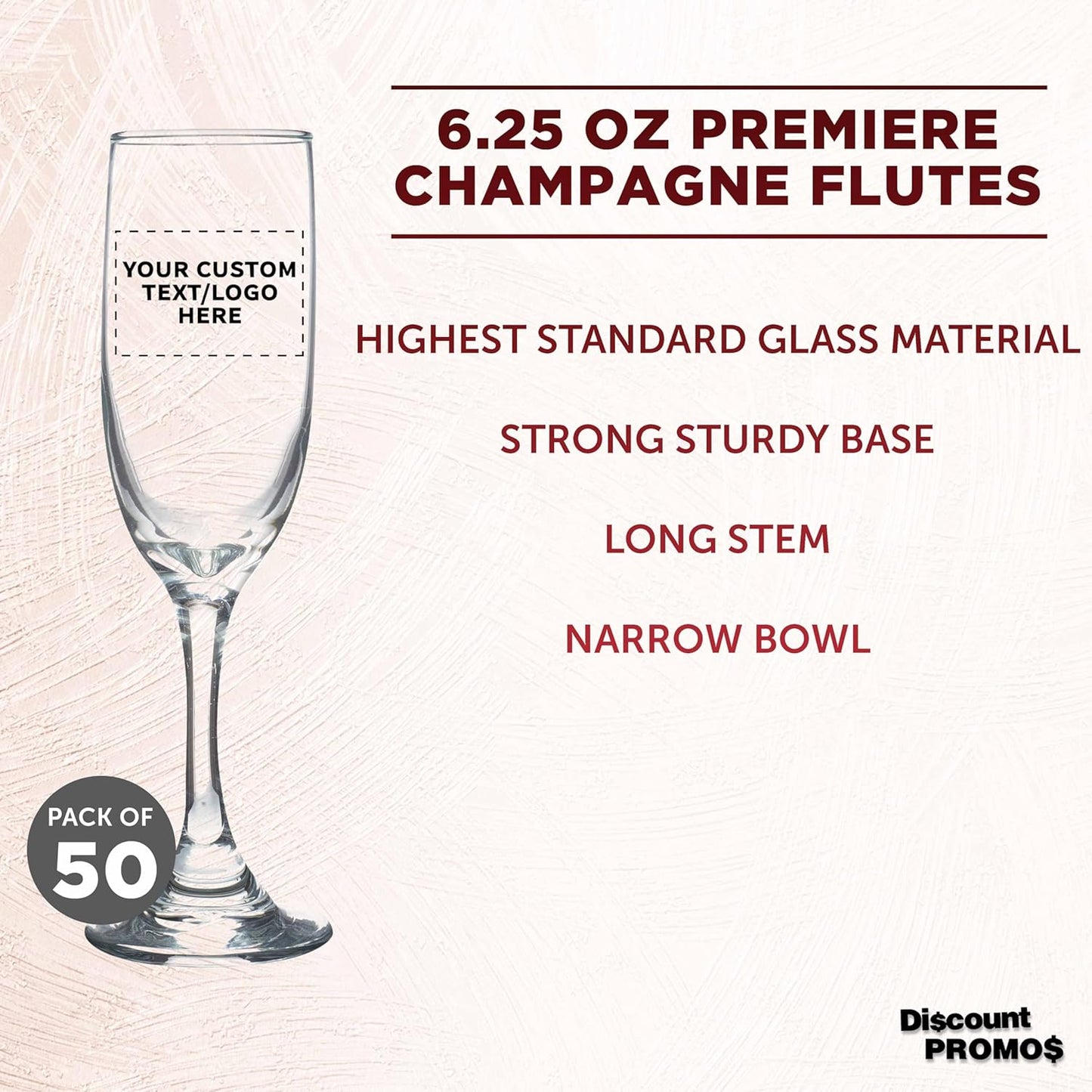 DISCOUNT PROMOS Custom Premiere Champagne Flutes 6.25 oz. Set of 50, Personalized Bulk Pack - Elegant Drinkware for Weddings, Events, & Promotional Gifts - Clear
