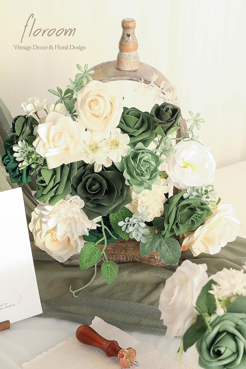 Floroom Olive Green Artificial Flowers Forest Green Fake Roses Peonies Dahlia Greenery Combo Box Set for DIY Wedding Bouquets Bridal Shower Centerpieces Floral Arrangement Party Tables Home Decoration