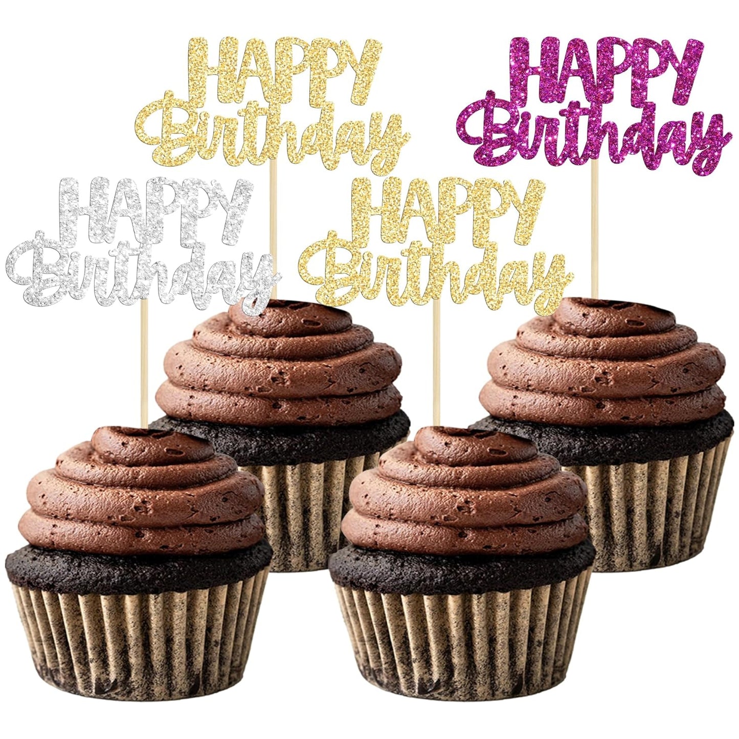 Gyufise 24Pcs Happy Birthday Cupcake Toppers Glitter Birthday Cupcake Food Picks for Celebrating Hunter Theme Party Cake Decorations Supplies Purple Gold Silver