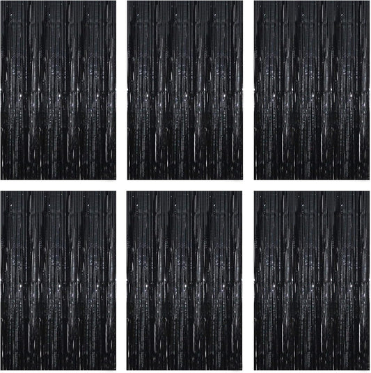Black Foil Fringe Curtain 3.3×8.3FT 6 Packs, Metallic Tinsel Curtains Party Streamers for Birthday Graduation Baby Shower Decoration (6pcs,3.3FT×8.3FT, Black)