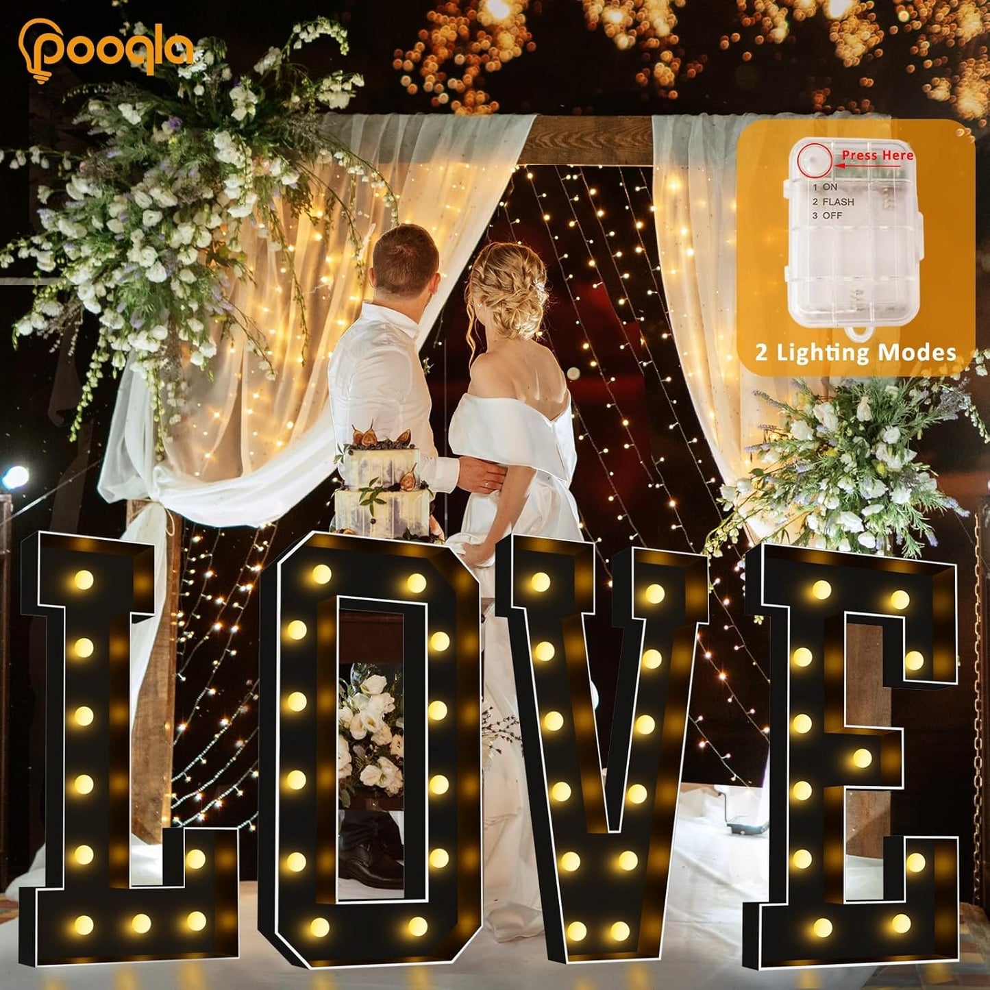 Pooqla 4 FT Marquee Light Up Letters, Giant LED Sign Black Marquee Letter Lights 4 Feet Tall, Big Mosaic Letters for Balloons Birthday Party Anniversary Wedding Decorations, Warm White E