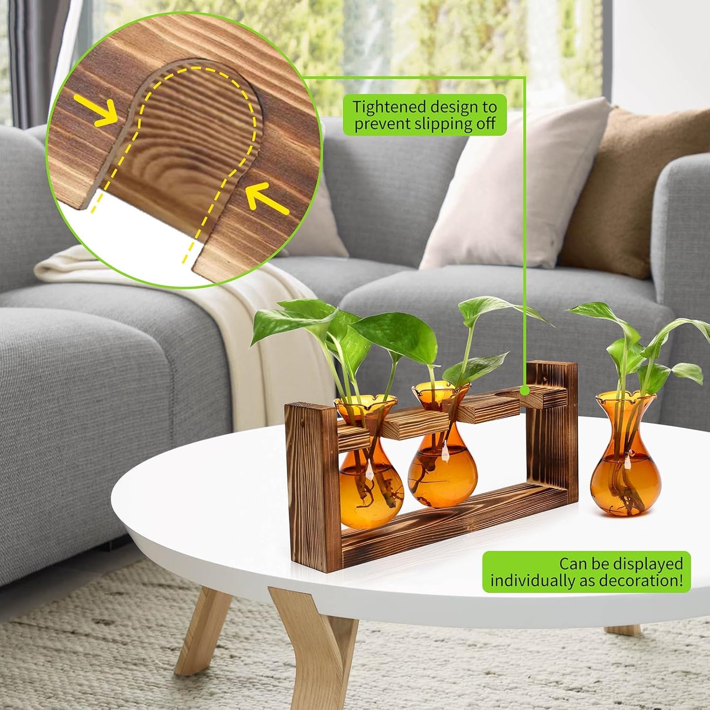 Plant Propagation Station Plant Terrarium Unique Birthday Gifts for Women Home Office Decor Planter with Wooden Stand - 3 Bulb Glass Vase