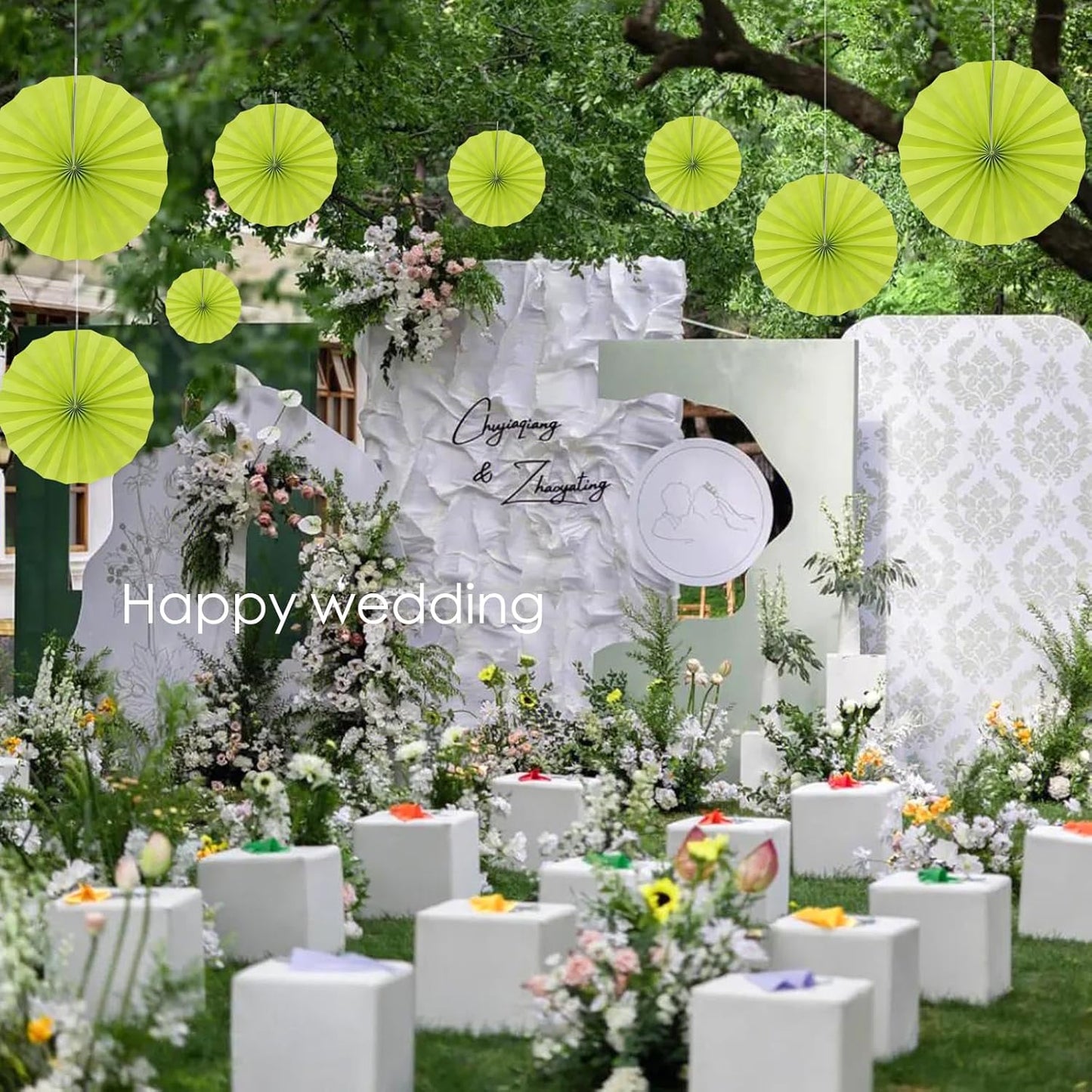 BARTHEW Green Graduation Party Decor, Tropical Party Decorations, 12in Hanging Paper Fans 30 Color DIY Set (Clear Green)