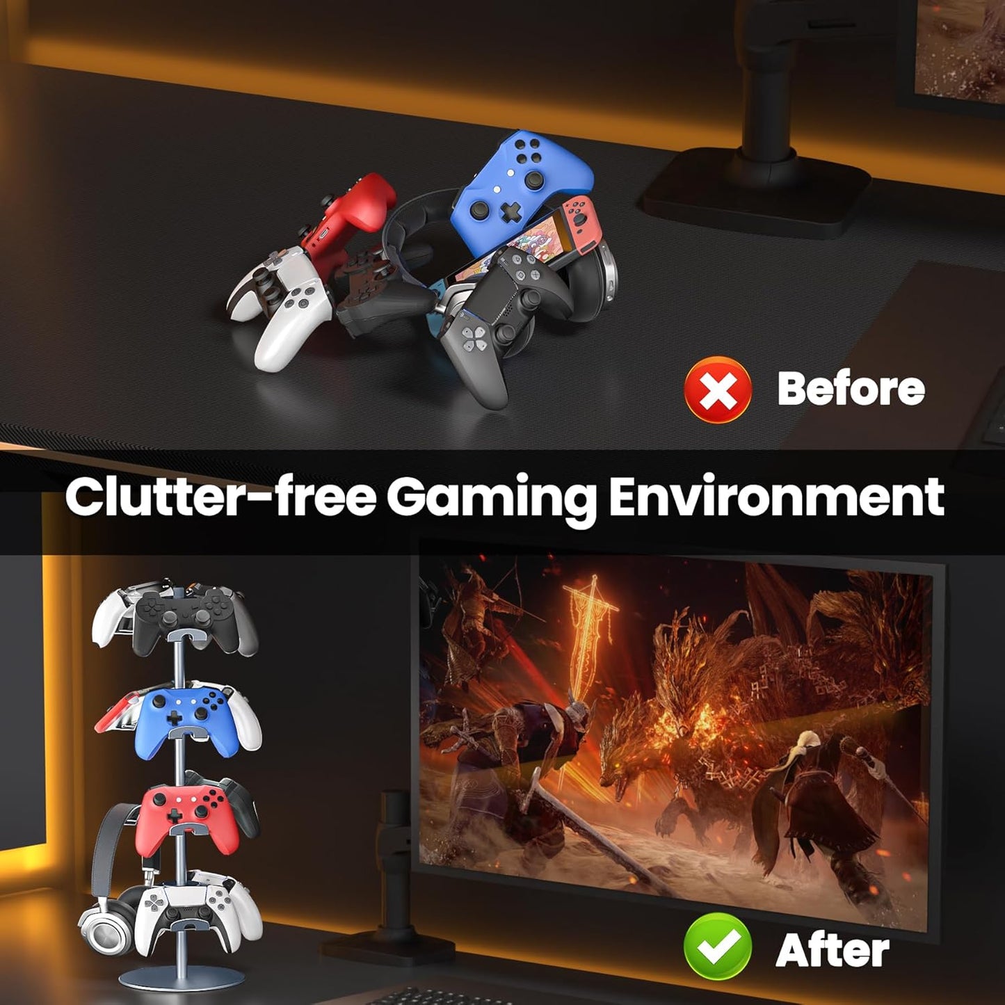 4 Tier Aluminum Alloy Game Controller Stand, Rotatable Gaming Controller Headset Holder Compatible with PS5 Xbox Nintendo Switch PS4, Controller Headphone Stand Organizer Rack for desk, Grey