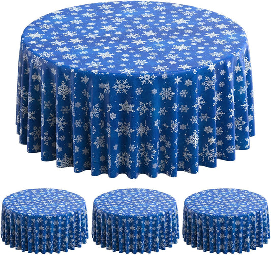 Jectivs 3 Pieces Christmas Snowflake Plastic Party Tablecloth Decorations,Disposable White Snowflake Blue Xmas Round Table Cover Backdrop for Winter Christmas Holiday Party Supplies,84 inch (Blue)