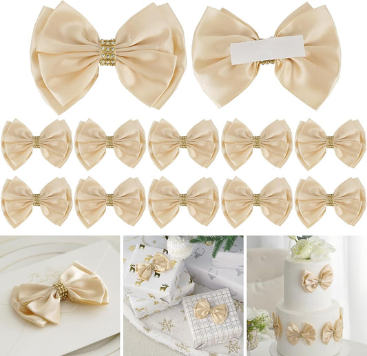 Champagne Gold Ribbon Bow 4'' Premade Satin Bows, Gift Bows with Rhinestone, Wrapping Bow for Presents, Greeting Cards, Treat Bags, Wine Bottle, Valentines Bows for Gift Wrapping-12 Counts