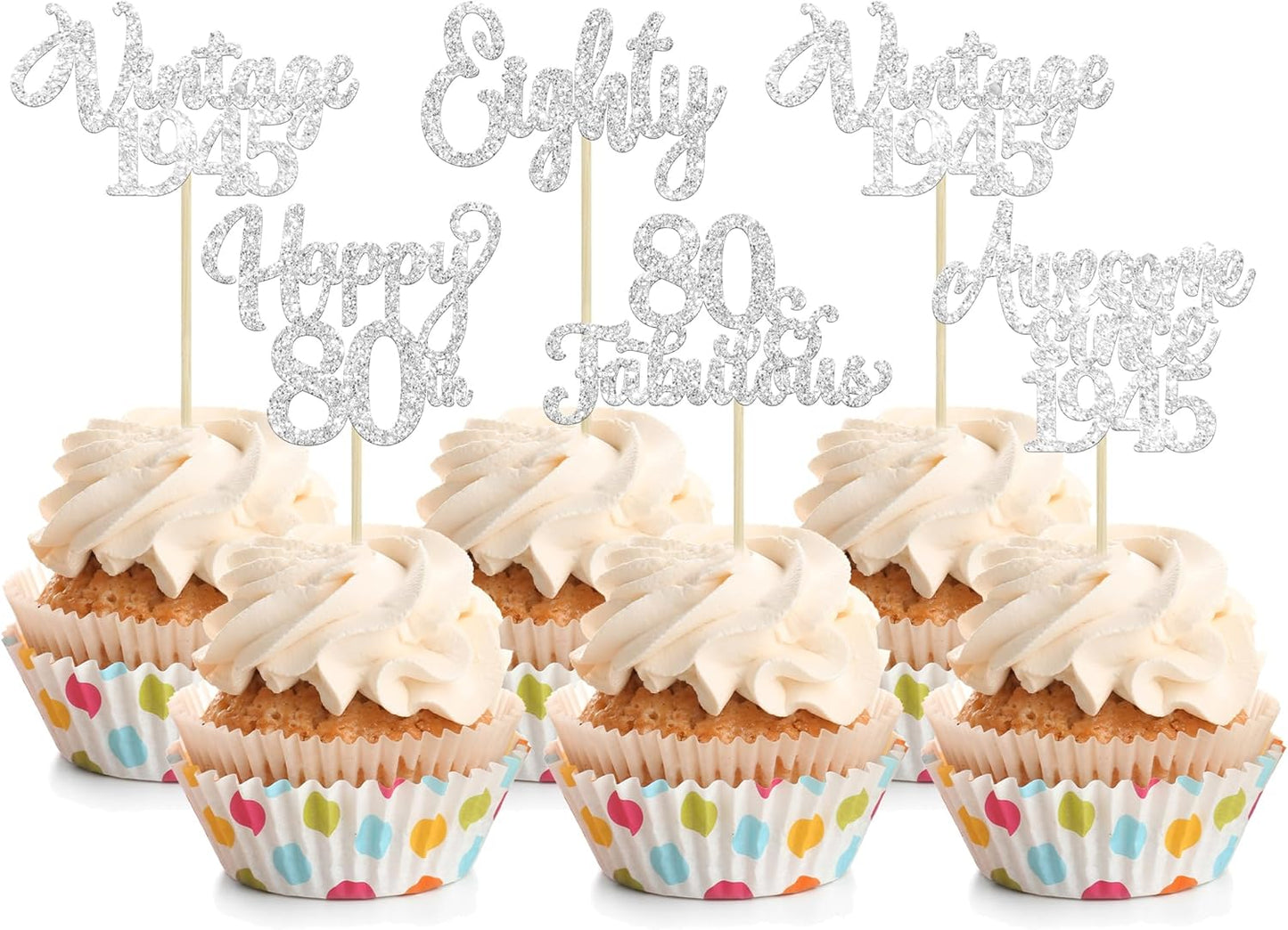 30Pcs Happy 80th Birthday Cupcake Toppers Glitter Awesome Since 1945 Eighty 80 Fabulous Vintage 1945 Cupcake Picks for 80th Birthday Anniversary Retirement Party Cake Decorations Supplies Silver