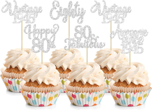 30Pcs Happy 80th Birthday Cupcake Toppers Glitter Awesome Since 1945 Eighty 80 Fabulous Vintage 1945 Cupcake Picks for 80th Birthday Anniversary Retirement Party Cake Decorations Supplies Silver
