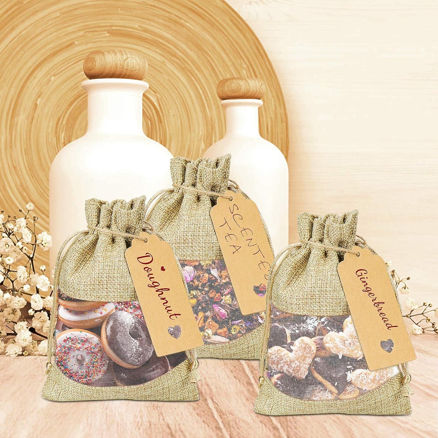 GIOIPC 50Pcs 5 x 7 Inch Linen Burlap Sheer Bags with Drawstring and Bonus Gift Tags for Wedding Birthday Bag,Craft Bags,Cosmetic Samples