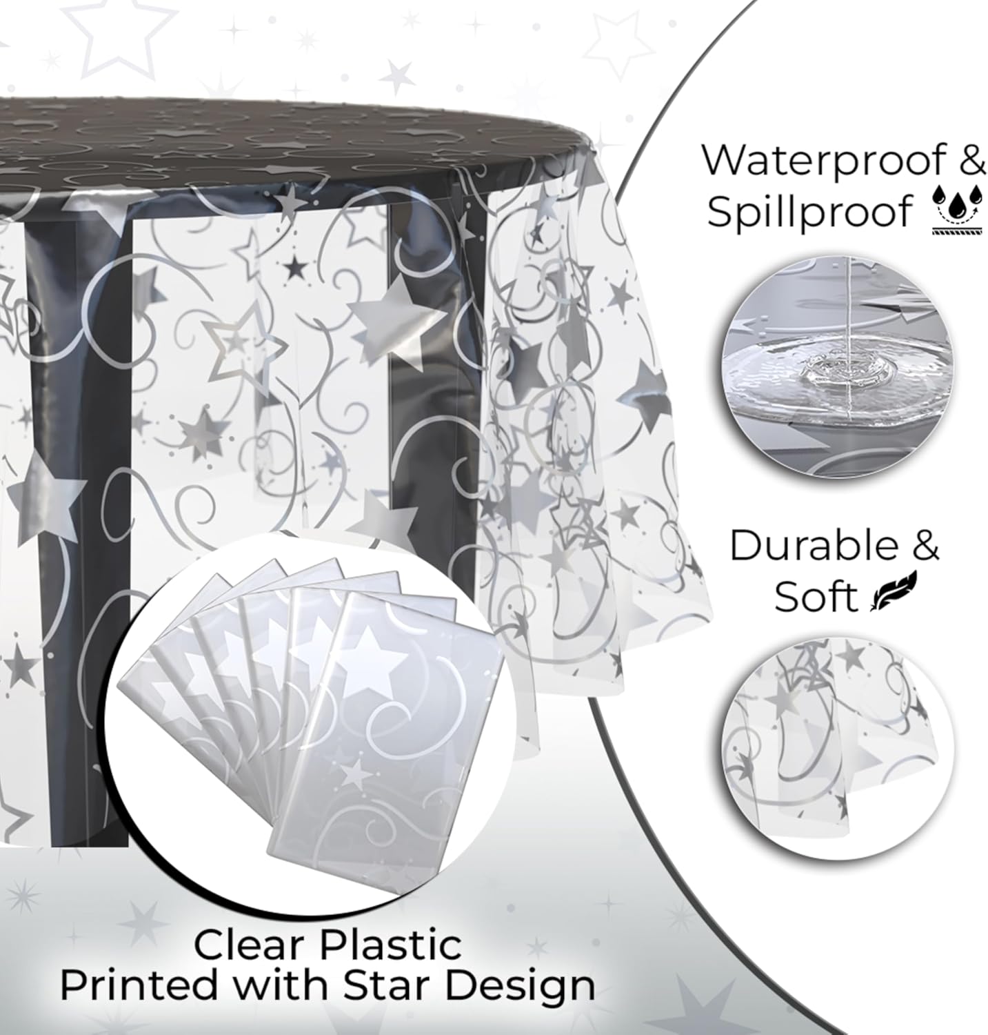Exquisite Clear Silver Star Tablecloth Plastic 12-Pack Disposable Round Tablecloths 84" Silver Star Table Cloths Round Table Covers Plastic Tablecloth for Party Decorations
