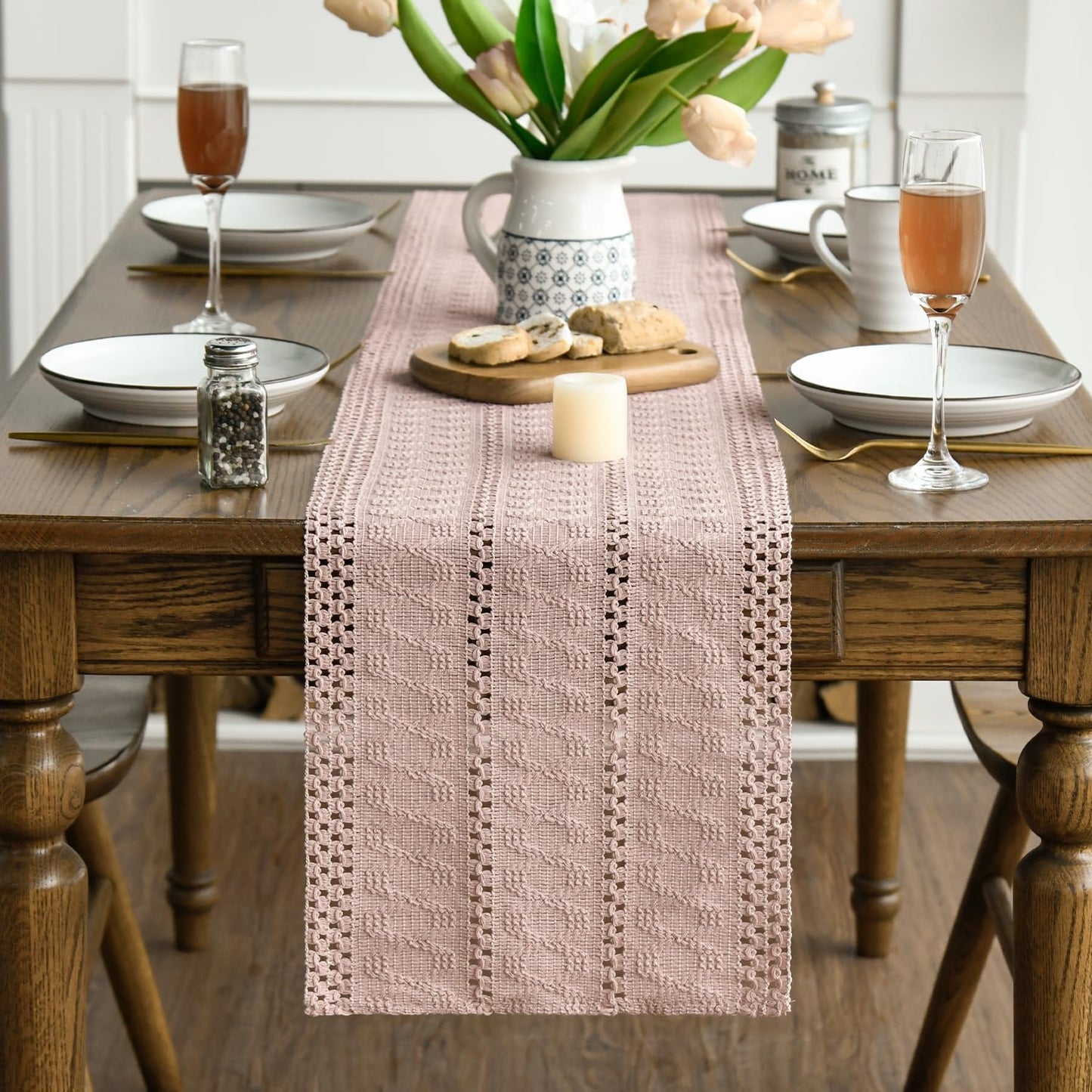 Artoid Mode Pink Farmhouse Woven Rustic Hollow Table Runner, Seasonal Holiday Hollow Kitchen Dining Table Decoration for Home Party Decor 12x48 Inch