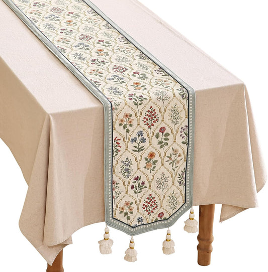 ISAENNE Designer Vintage Elegant Linen Table Runner 102 Inches Long,Colorful Wildflower Pattern Runner,Decor Table Runners for Dining Tables,Thanksgiving,Christmas,Banquet,12"*102"-Serenity B