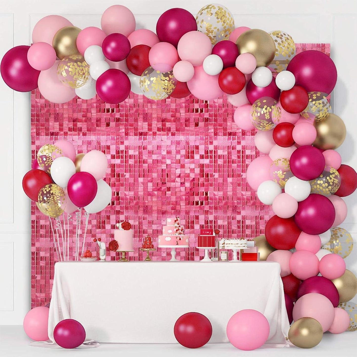 24PCS Deep Pink Shimmer Wall Backdrop, Laser Square Sequin Photo Backdrops Panel, Glitter Wall Background for Birthdays, Weddings, Christmas, Engagements, Disco Bachelorette Party Decor (4FTx6FT)