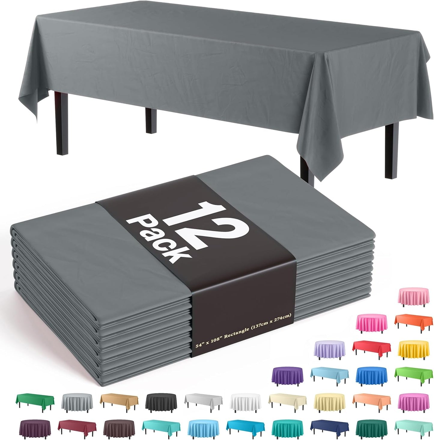 Exquisite 12-Pack Premium Plastic Tablecloth 54 Inch. x 108 Inch. Rectangle Table Cover - Silver