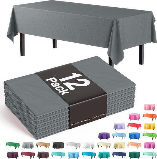 Exquisite 12-Pack Premium Plastic Tablecloth 54 Inch. x 108 Inch. Rectangle Table Cover - Silver
