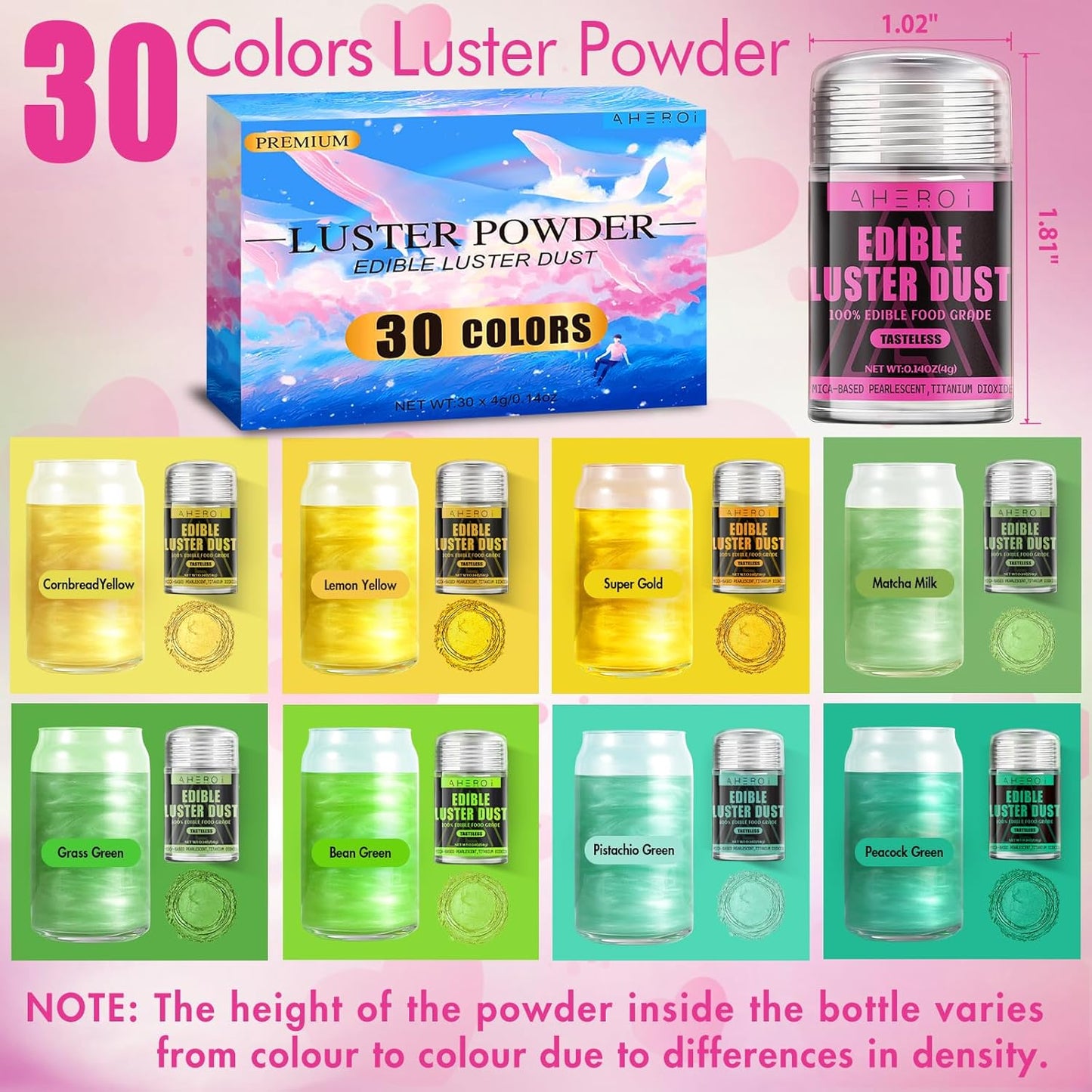 Aheroi Edible Glitter, 30 Colors Luster Dust Edible Glitter Pack for Drinks, Food Glitter Edible Shimmer Dust Powder, Edible Dust for Cocktail Chocolate Fondant Cake Decorating（4g/0.14oz）