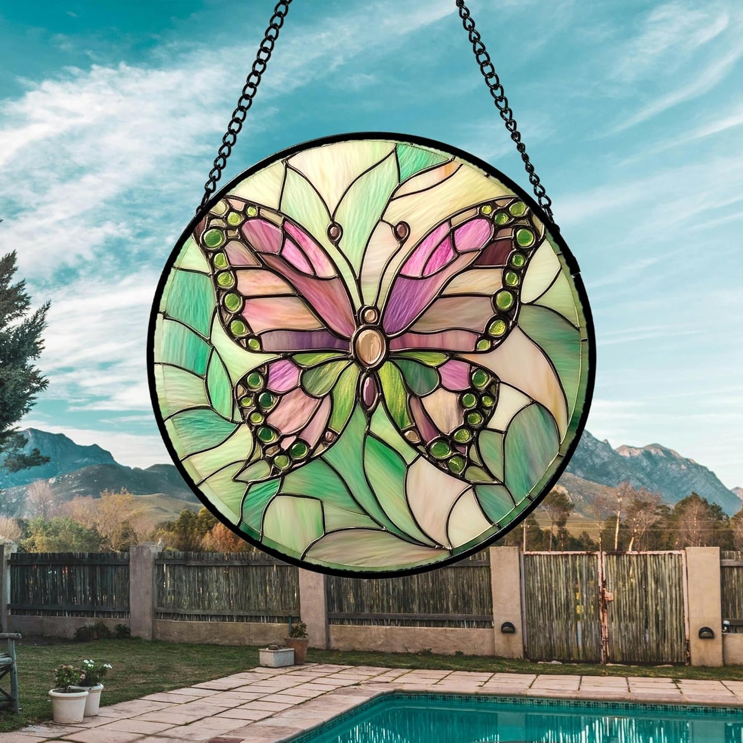 Stained Glass Window Hanging 4 Pcs Set Pink Green Insect Theme 6.3" - Butterfly Suncatcher Door Garden Sun Catcher Decor Birthday Christmas for Mom Woman Nana Men