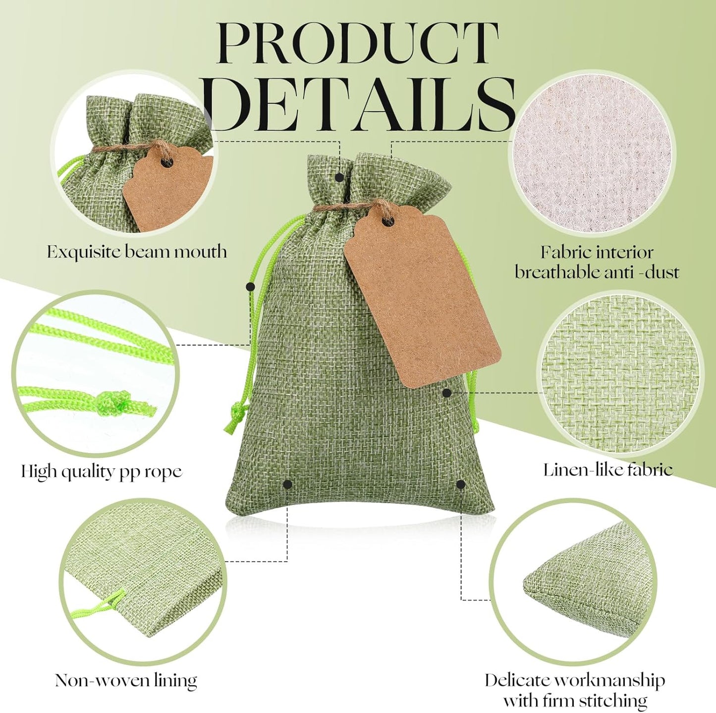 Woanger 100 Pcs Burlap Gift Bags with 100 Pcs Kraft Paper Gift Tags with Drawstring Favor Bulk Burlap Sack Bags for DIY Wedding Party Craft(4 x 6 Inch,Sage Green)