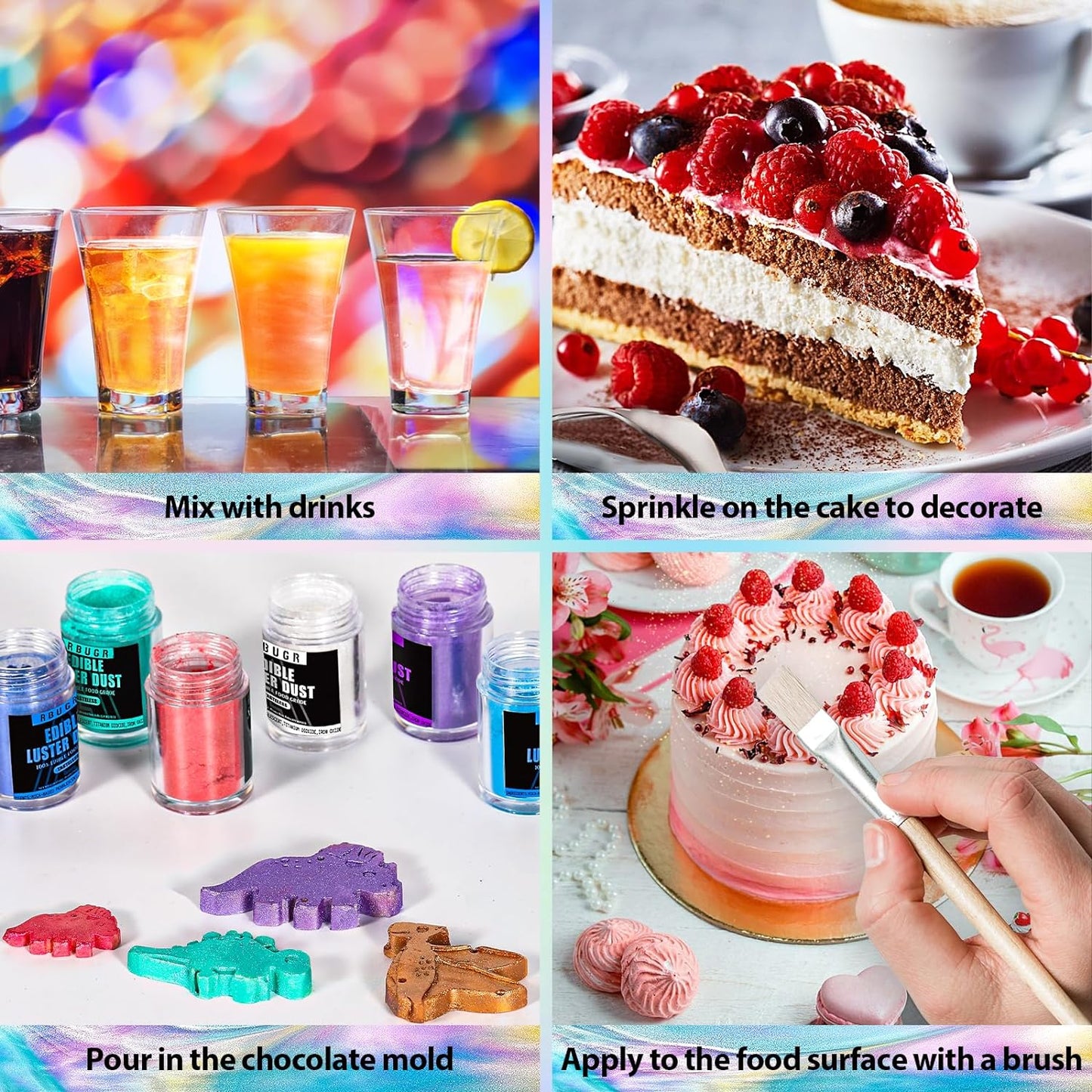 RBUGR Edible Glitter Set, 6 Colors Edible Luster Dust, Food Grade Drink Glitter Edible Dust, Sprinkles Cocktail Glitter, Shimmering Powder Glitter for Fondant, Candy, Vegan Cake Decorating（4g/0.14oz）